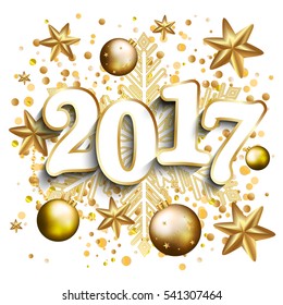 Happy new year design layout on white background with 2017. Gold confetti, stars,balls. Vector illustration 
