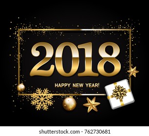 Happy new year design layout on black background with 2018. Gift box, gold confetti, stars,balls.Vector illustration