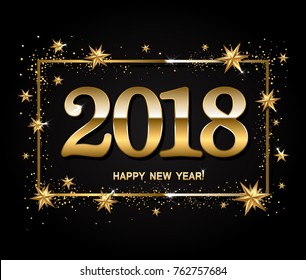 Happy new year design layout on black background with 2018 and gold stas. Vector illustration