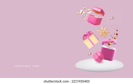 Happy New Year design with open 3D gift boxes, stars and snowflakes