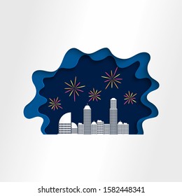 happy new year design with paper cut style. the atmosphere of New Year's eve in the middle of the city.