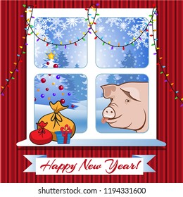 Happy New Year design. Pig. Vector illustration.