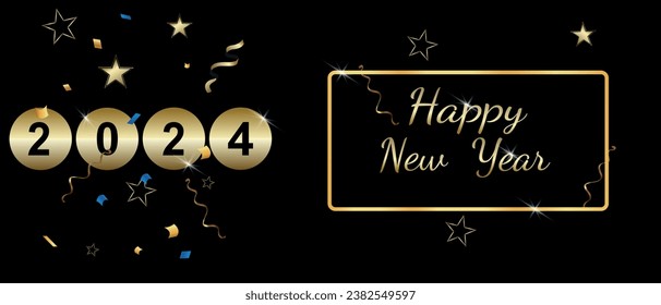 Happy New Year. Design of a poster or postcard for the New Year 2024. With tinsel and gold stars. Vector design for banner, poster, calendar and greeting.