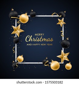 Happy New Year design with shiny golden and black balls, stars, serpentine and confetti on blue background. Realistic vector illustration.
