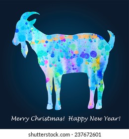 Happy New Year design. Symbol of the 2015 year, watercolor goat. Vector illustration.