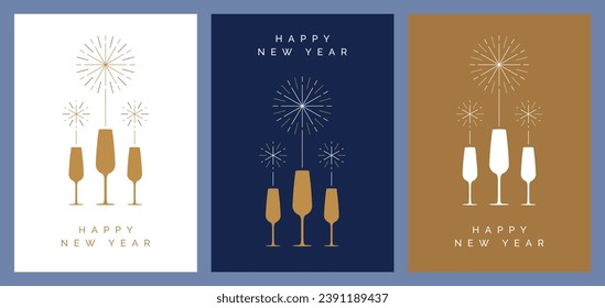 Happy New Year Design Template with Illustration of Champagne Glasses and Fireworks. Modern New Year Poster Vector Design for NYE Party Invitation, Greeting Card, Invite, Flyer, Banner, Cover. 