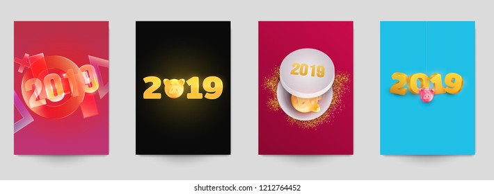 Happy new year design vector illustration concept. Set of minimalistic trendy background for branding banner, cover, poster, greeting card. Modern colorful number 2019. 