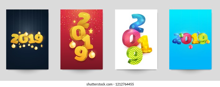 Happy new year design vector illustration concept. Set of minimalistic trendy background for branding banner, cover, poster, greeting card. Modern colorful number 2019. 
