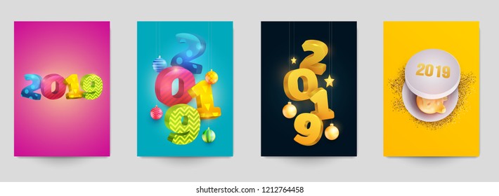 Happy new year design vector illustration concept. Set of minimalistic trendy background for branding banner, cover, poster, greeting card. Modern colorful number 2019. 