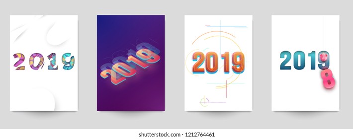 Happy new year design vector illustration concept. Set of minimalistic trendy background for branding banner, cover, poster, greeting card. Modern colorful number 2019. 