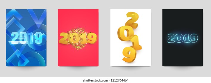 Happy new year design vector illustration concept. Set of minimalistic trendy background for branding banner, cover, poster, greeting card. Modern colorful number 2019. 