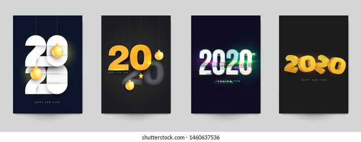 Happy new year design vector illustration concept. Set of minimalistic trendy background for branding banner, cover, poster, greeting card. Modern colorful number 2020.
