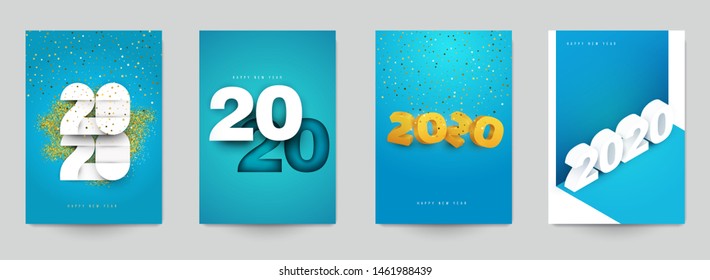 Happy new year design vector illustration concept. Set of minimalistic trendy background for branding banner, cover, poster, greeting card. Modern colorful number 2020.