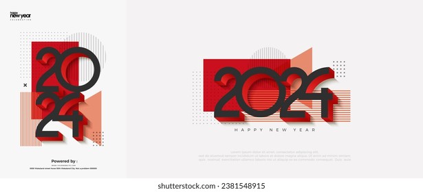 Feliz Año Nuevo 2024. Con números modernos y únicos en negro. Con una combinación de negro y rojo valiente.