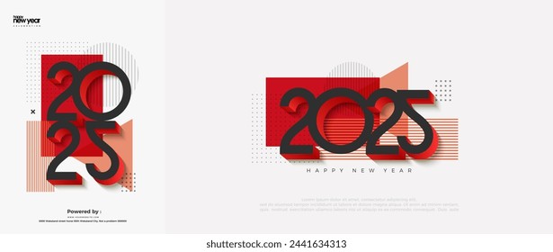 Feliz Año Nuevo Diseño Vector De Fondo 2025. Con números modernos y únicos en negro. Con una combinación de negro y rojo valiente.