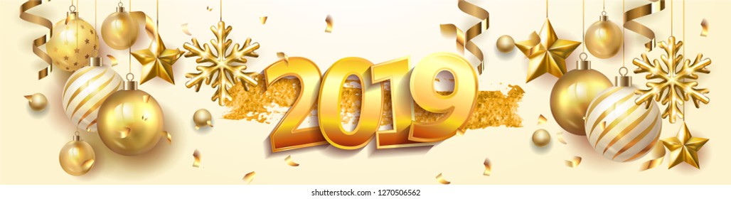 Happy new year design white background with 2019 and shining gold snowflakes and christmas ball . Vector illustration