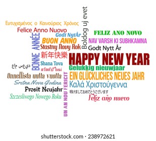 Happy New Year in different language. Words cloud on white background, vector illustration