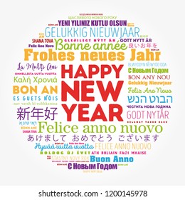 Happy New Year in different languages, celebration word cloud greeting card