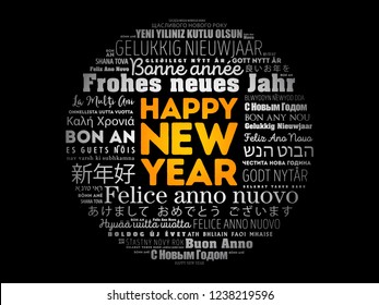 Happy New Year in different languages, celebration word cloud greeting card
