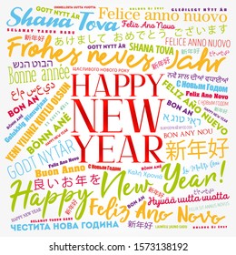 Happy New Year in different languages, celebration word cloud greeting card