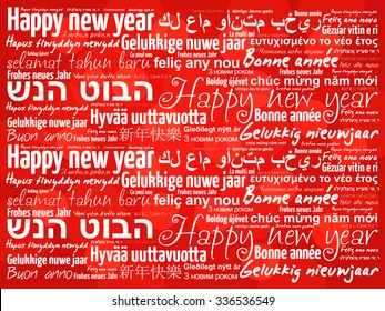 Happy New Year in different languages, celebration word cloud greeting card