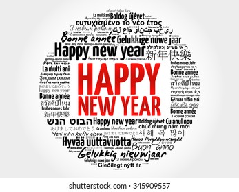 Happy New Year in different languages, celebration word cloud greeting card