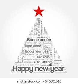 Happy New Year in different languages, celebration word cloud greeting card in the shape of a christmas tree