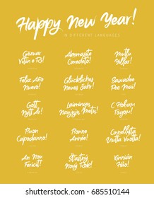 Happy New Year in different languages. Vector illustration on a gold background. Elements for design. Concept festive greeting card. Lettering and calligraphy. Set of phrases in a stylish font.