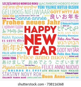 Happy New Year in different languages, celebration word cloud greeting card