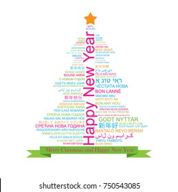 Happy New Year in different languages in the shape of Christmas three, celebration word tag cloud greeting card, vector art