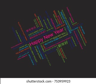 Happy New Year in different languages, celebration word tag cloud greeting card, vector art