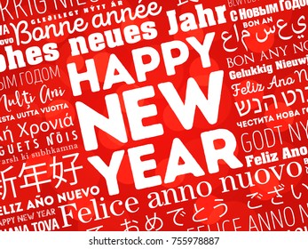 Happy New Year in different languages, celebration word cloud greeting card