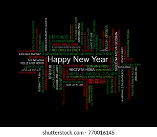 Happy New Year in different languages, celebration word tag cloud greeting card, vector art