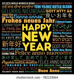 Happy New Year in different languages, celebration word cloud greeting card background