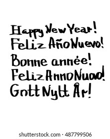 Happy New Year! in different langueg. Hand drawing