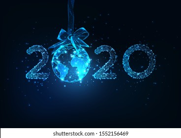 Happy New Year digital web banner template with futuristic glowing low polygonal 2020 number and planet Earth globe hanging on a ribbon bow as a decoration Christmas ball on dark blue background. 