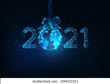 Happy New Year digital web banner template with futuristic glowing low polygonal 2021 number and Earth globe hanging on a ribbon bow on dark blue background.