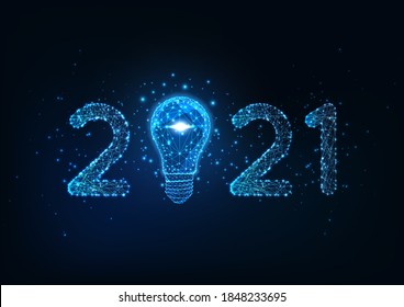 Happy New Year digital web banner template with futuristic glowing low polygonal 2021 number and light bulb on dark blue background.