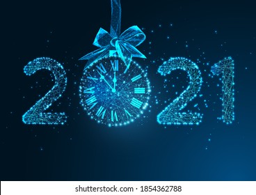 Happy New Year digital web banner template with futuristic glowing low polygonal 2021 number and festive clock on dark blue background. Modern wireframe mesh design vector illustration.