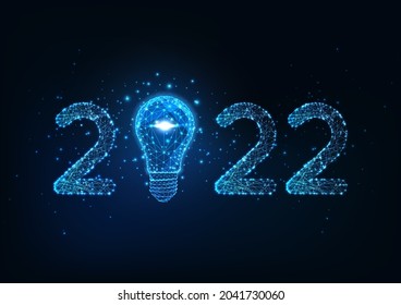 Happy New Year digital web banner template with futuristic glowing low polygonal 2021 number and light bulb