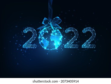Happy New Year digital web banner template with futuristic glowing 2022 number and Earth globe