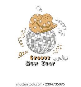 Happy New Year disco ball decoration vector illustration. Winter season party pre-made card print design.
