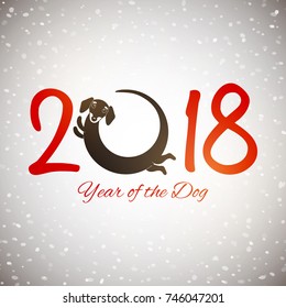 Happy new year of the dog 2018, card, postcard, vector illustration, cute funny dachshund round logo design