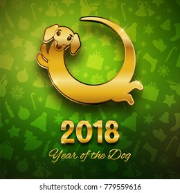 Happy new year of the dog 2018, gold text, card, postcard, vector illustration