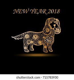 Happy new year and year dog card with golden dog in doodle style abstract lines on black background vector design