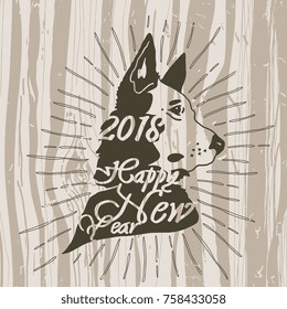"Happy new year" dog head poster isolated on abstract background