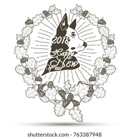 "Happy new year" dog head poster with oak wreath