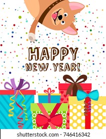 Happy new year dog invitation. Background with gift boxes, confetti and puppy vector illustration