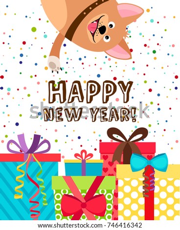 Happy new year dog invitation. Background with gift boxes, confetti and puppy vector illustration