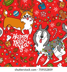 Happy New Year. Dogs: husky and corgi. Christmas cookies, gingerbread man, garland, red berries, hot chocolate mug. Seamless vector pattern (background).